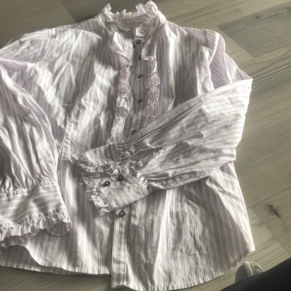Pink white and black striped button down.